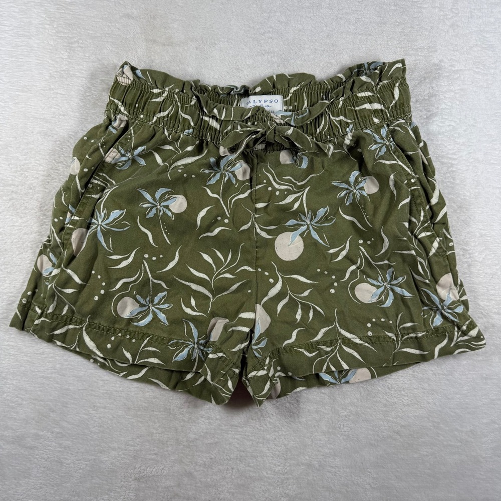 Calypso St. Barth Womens XS Olive Green Floral Lyocell Paperbag Waist Shorts